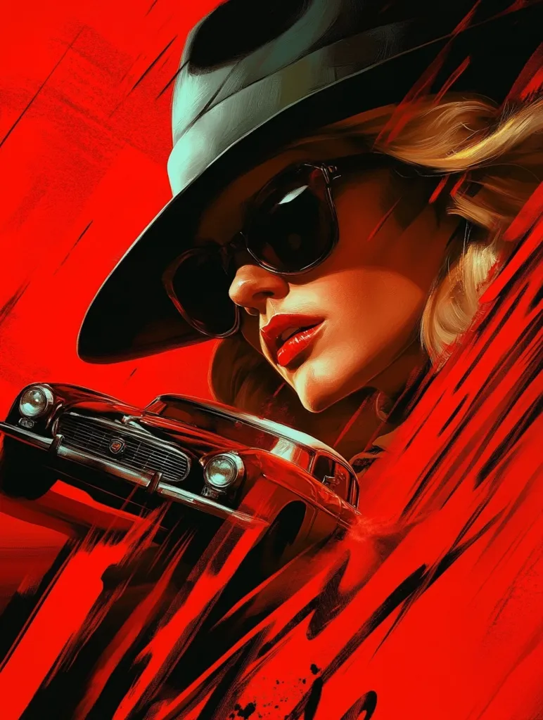A stylized portrait of a glamorous woman in a fedora and sunglasses, set against a vibrant red background.  A classic red car is partially visible beneath her, adding to the retro aesthetic.  Bold brushstrokes create a dynamic and energetic feel, suggesting speed and movement.  The overall image is evocative of film noir or a vintage crime thriller.