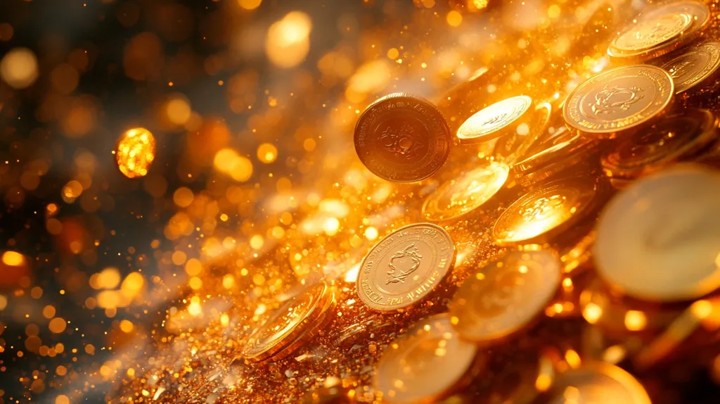 A captivating image showcases numerous golden coins, seemingly suspended in mid-air against a backdrop of shimmering, golden bokeh.  The coins appear to be falling or floating, creating a sense of abundance and wealth. The overall effect is one of opulent richness and luxurious sparkle, suggestive of prosperity and success.