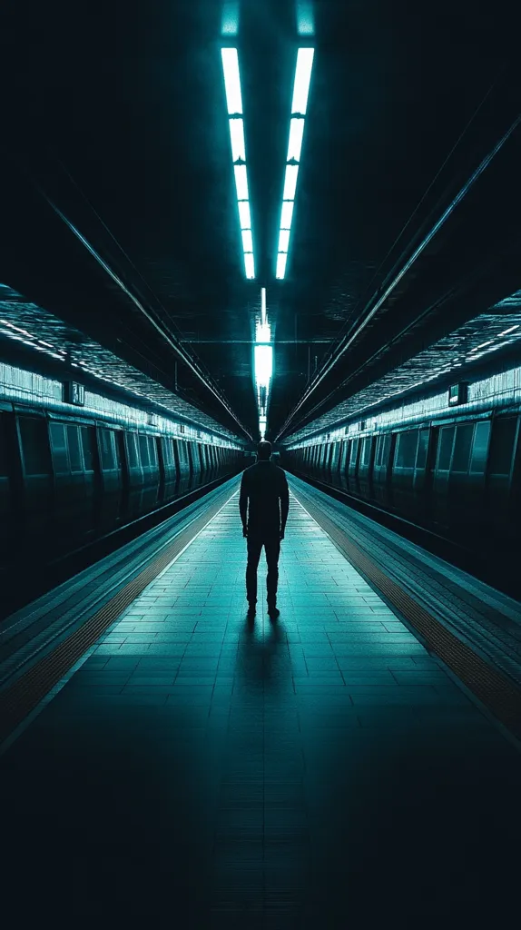 A solitary figure stands silhouetted on a subway platform, the only light source emanating from twin rows of bright teal fluorescent lights above.  The long perspective creates a sense of depth and isolation, emphasizing the person's smallness within the vast, dark space of the underground station. The scene is moody and atmospheric.