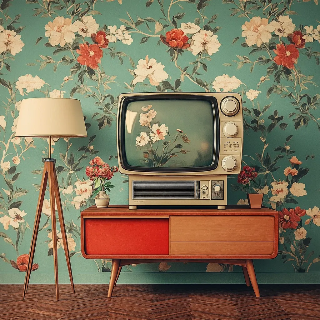 A vintage television set sits atop a mid-century modern sideboard against a wall covered in a teal floral wallpaper. A tripod floor lamp and small potted plants flank the television. The scene evokes a nostalgic, retro aesthetic, with the floral patterns on the wallpaper and television screen mirroring each other. The overall color palette is muted and warm, creating a calming and inviting atmosphere.