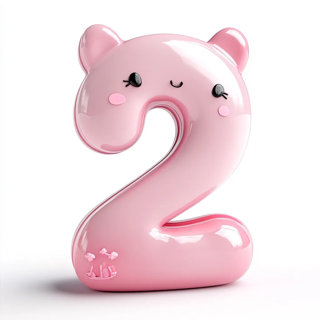 A cute, pink, cartoonish number two is presented against a white background.  The number has small, adorable ears and a smiling face, giving it a playful, childlike appearance. Its glossy finish adds to its charming and friendly aesthetic.  The design is likely intended for children's products or decorations.