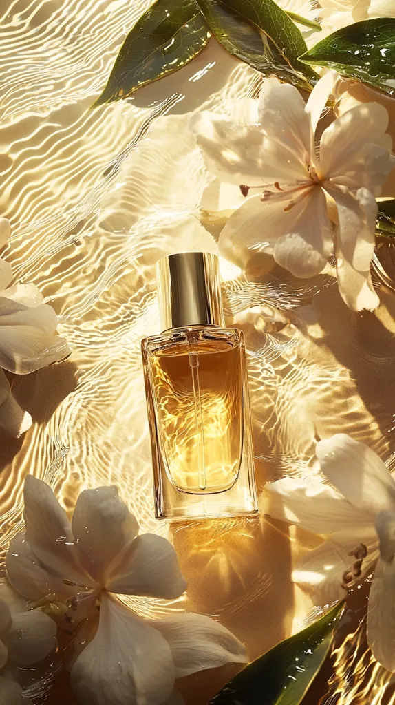 A bottle of amber perfume sits nestled amongst delicate white flowers and green leaves, partially submerged in shimmering water.  Sunlight creates a warm, golden glow across the scene, highlighting the perfume's elegant, rectangular bottle with its gold cap. The overall image evokes a feeling of luxury and tranquility.