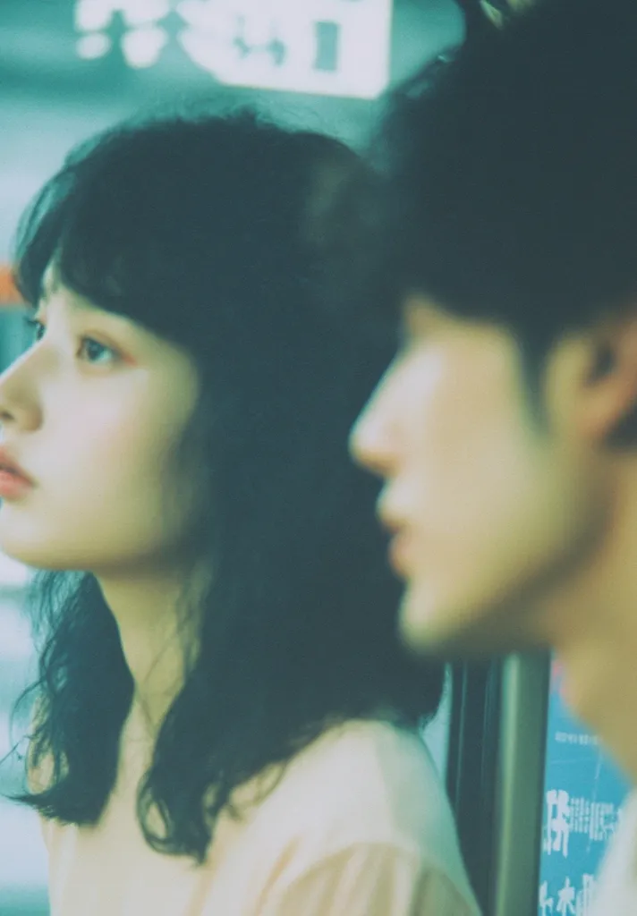 A close-up shot captures a young couple, their faces partially visible, possibly on a train or bus. The woman, with dark hair framing her face, gazes pensively into the distance.  The man, positioned slightly behind her, is in profile view. The image is softly focused, with a muted, teal-toned color palette, lending a melancholic and intimate atmosphere.  The blurred background suggests a public transport setting.