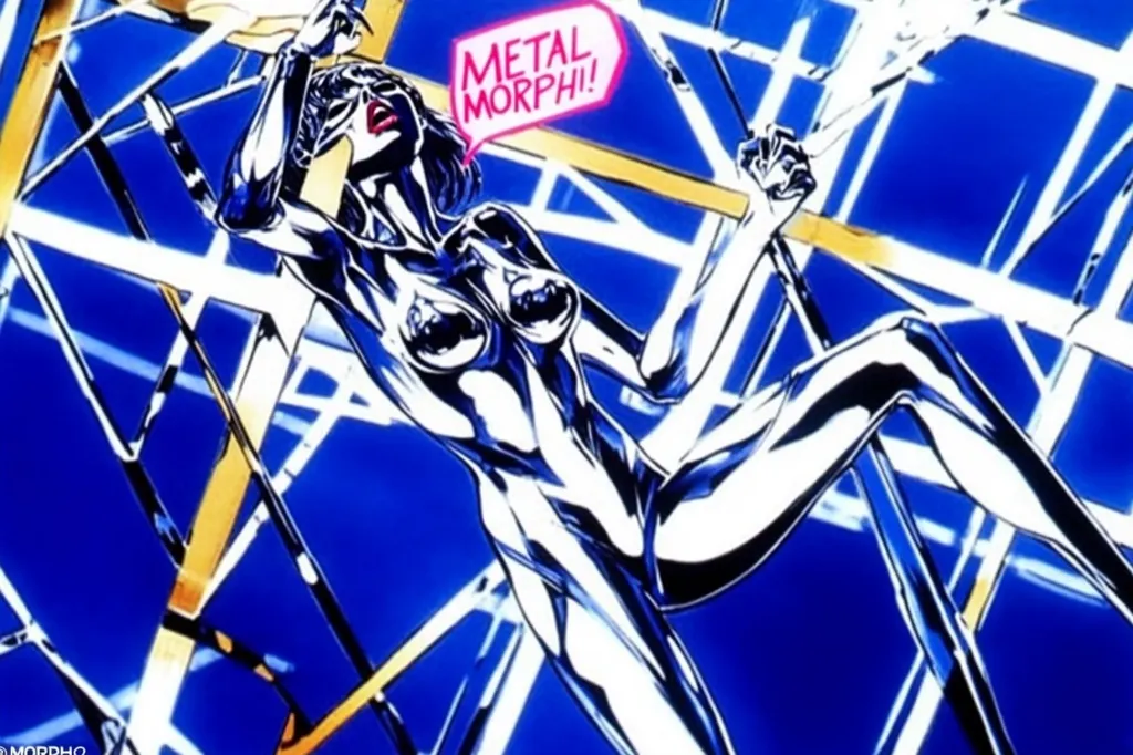A stylized female figure, rendered in metallic silver and white, is depicted against a vibrant blue background crisscrossed with bold lines.  The woman's pose is dynamic, suggesting movement and energy. A speech bubble proclaims "METAL MORPH!" adding a futuristic or transformative element to the image. The overall style is bold, graphic, and reminiscent of comic book art or cyberpunk aesthetics.
