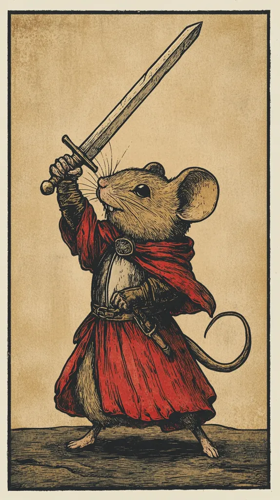 A valiant mouse, clad in red armor and a flowing cape, bravely wields a large sword aloft.  The illustration, rendered in a vintage style with a textured background, depicts the tiny warrior in a powerful pose, suggesting courage and defiance.  Detailed linework and shading bring the miniature knight to life, creating a captivating image of unlikely heroism.