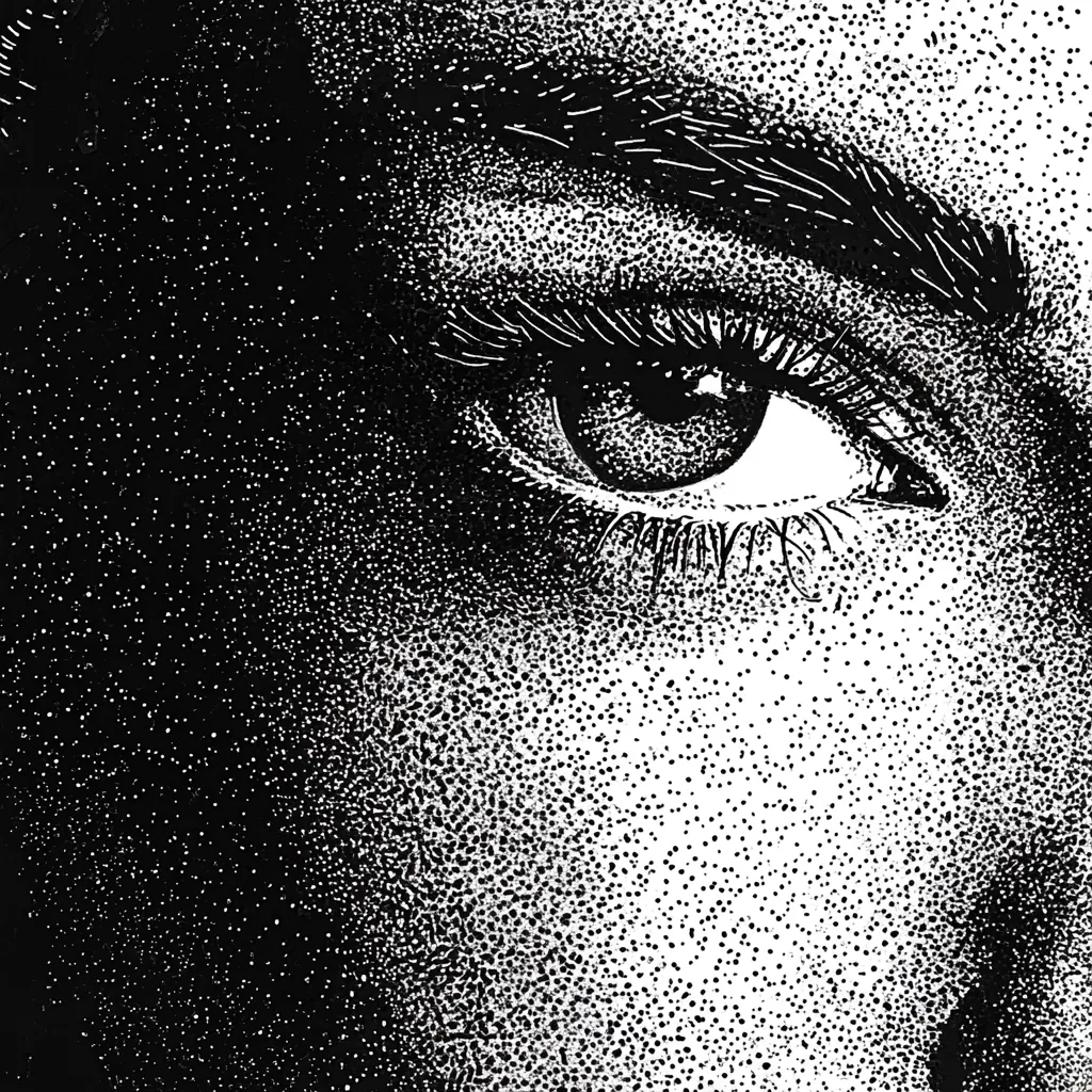 A striking black and white pointillist drawing showcases a woman's eye.  The artist masterfully uses dots to create depth and texture, highlighting the intricate details of the eyelashes, eyebrow, and skin.  The contrast between light and dark is dramatic, drawing the viewer's attention to the expressive gaze.  The style suggests a meticulous and skilled hand.