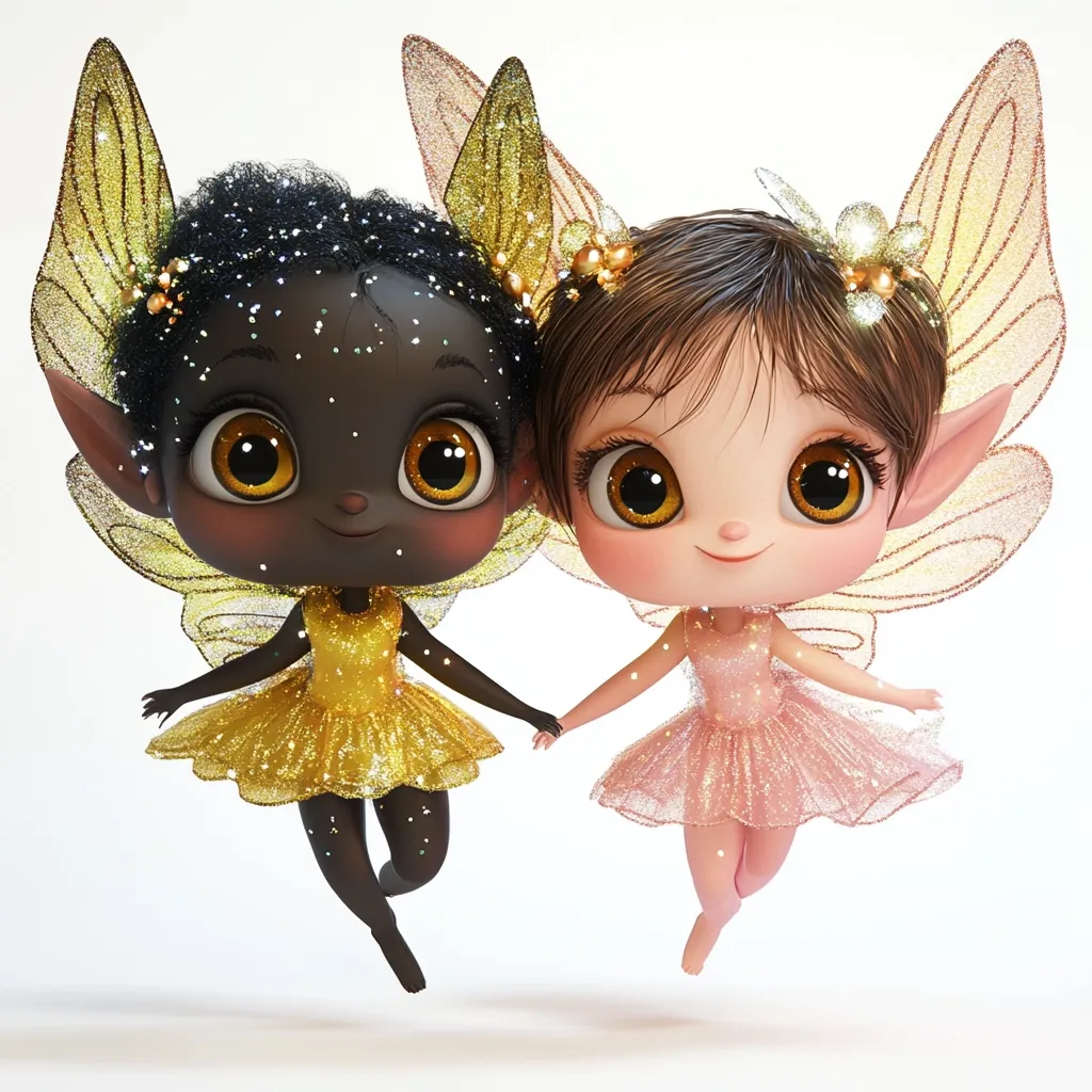 Two adorable cartoon fairies, one with dark brown skin and a gold dress, the other with light skin and a pink dress, hold hands mid-air.  Both have large, expressive eyes, elf-like ears, and glitter-adorned butterfly wings.  Their short hair is styled neatly, and they wear sparkling tutus.  They appear cheerful and friendly, showcasing a delightful digital illustration.