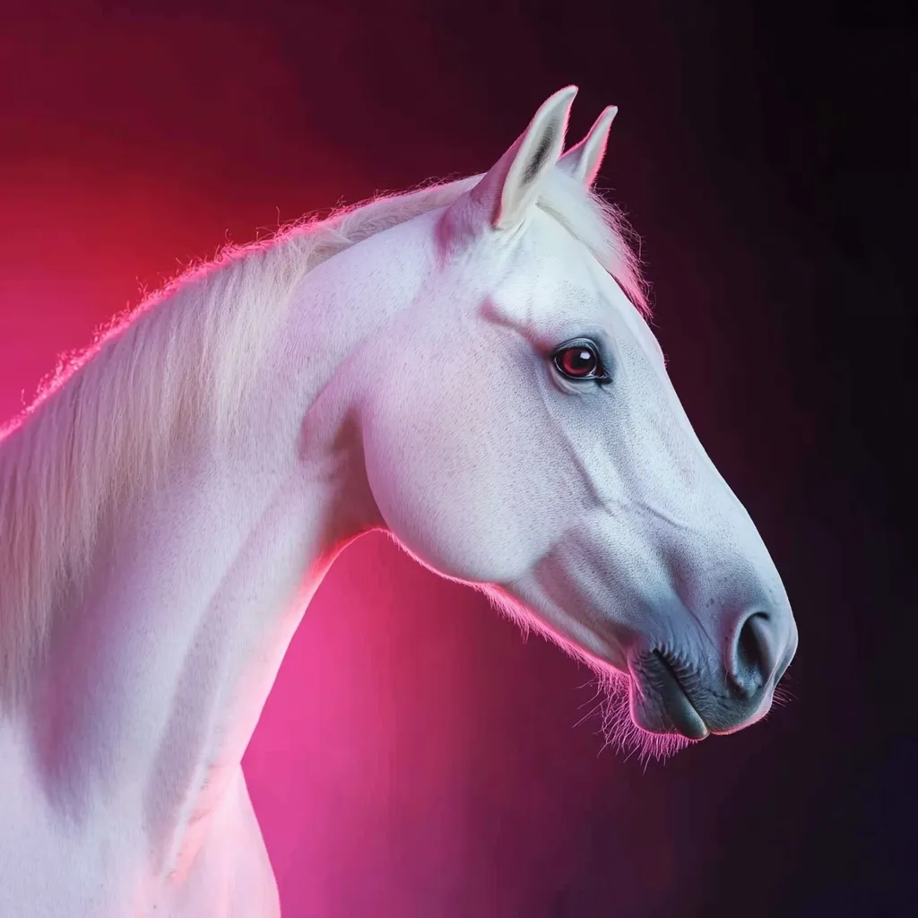 A majestic white horse is captured in profile against a vibrant pink backdrop.  Its coat is impeccably smooth, and its dark eyes stand out against the bright background. The horse's head is turned slightly, showcasing its elegant features and refined musculature. The image is striking and dramatic, highlighting the beauty and power of the animal.