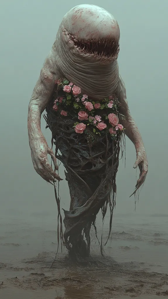 A grotesque, pale creature stands in murky water.  Its bulbous head and sharp teeth contrast with a torso seemingly composed of dark, gnarled roots and vines.  A bouquet of pink roses adorns its chest, a jarring juxtaposition against its monstrous form.  The creature's limbs are long and clawed, adding to its unsettling appearance within the misty, desolate landscape.