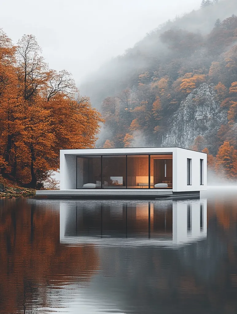A minimalist, white modern house sits serenely on a calm lake, its reflection mirroring the structure perfectly.  Autumnal trees in shades of orange and brown frame the scene, set against a misty, mountainous backdrop. The warm interior light contrasts beautifully with the cool exterior and the tranquil autumnal landscape. The overall atmosphere is one of peace and secluded luxury.