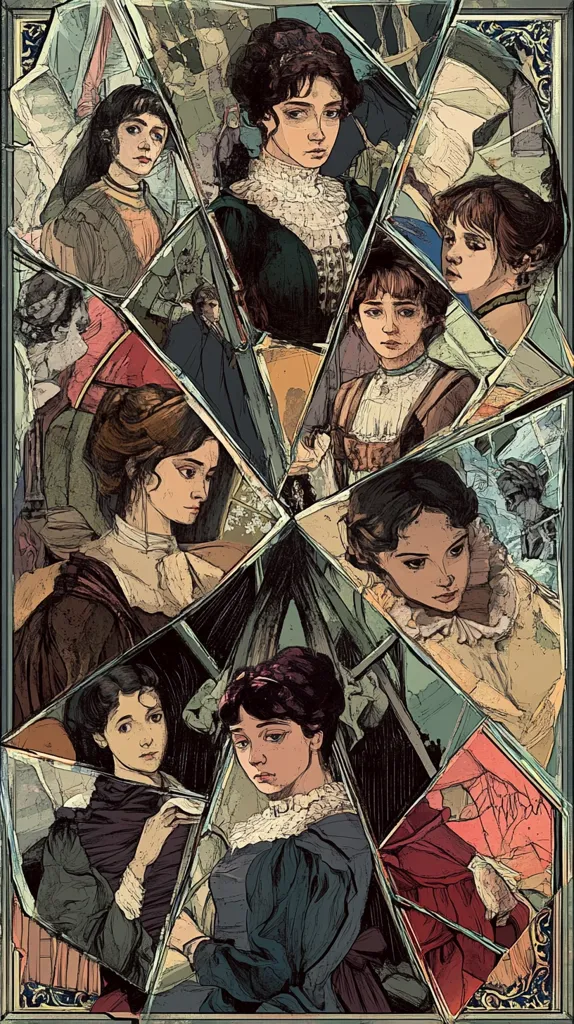 A fragmented portrait showcases nine women, seemingly from the same family, depicted in a style reminiscent of Victorian-era illustrations.  The images are arranged within a shattered mirror or stained-glass effect, creating a sense of fractured identity or memory. Each woman's expression is unique, hinting at different personalities and experiences. The overall aesthetic is dark, moody, and evocative.