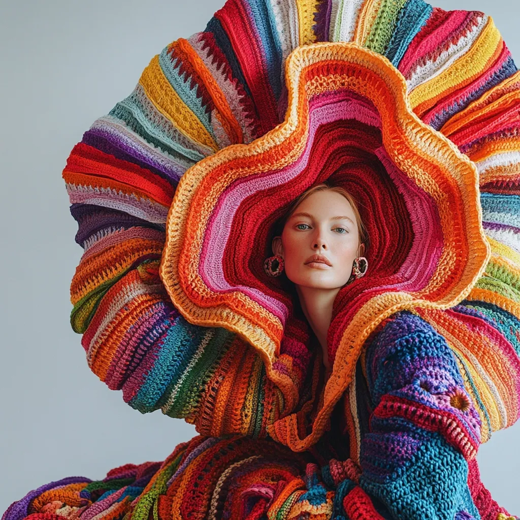 A model wears a vibrant, multicolored crocheted garment resembling a large, blooming flower.  The intricate design features layers of richly hued yarn in a variety of stitches, creating a voluminous and textured effect. The garment’s colours range from deep reds and oranges to bright yellows, greens, and blues. The model’s serene expression contrasts with the garment’s bold and playful design.
