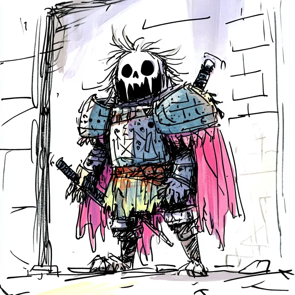 A whimsical sketch depicts a skeletal warrior, clad in tattered armor and a vibrant pink cape.  The figure wields a katana, its skull-like face partially obscured by unkempt hair.  The background suggests a weathered stone wall, adding to the character's unique and slightly melancholic ambiance. The style is loose and expressive, highlighting the character's playful yet slightly menacing personality.