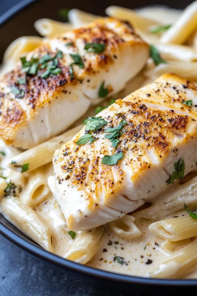 A close-up shot reveals a delectable dish: pan-seared cod fillets atop creamy penne pasta. The fish, seasoned with herbs and spices, boasts a perfectly browned exterior.  The rich, white sauce coats the pasta, creating a visually appealing and appetizing presentation.  Fresh herbs garnish the dish, adding a vibrant touch of color.