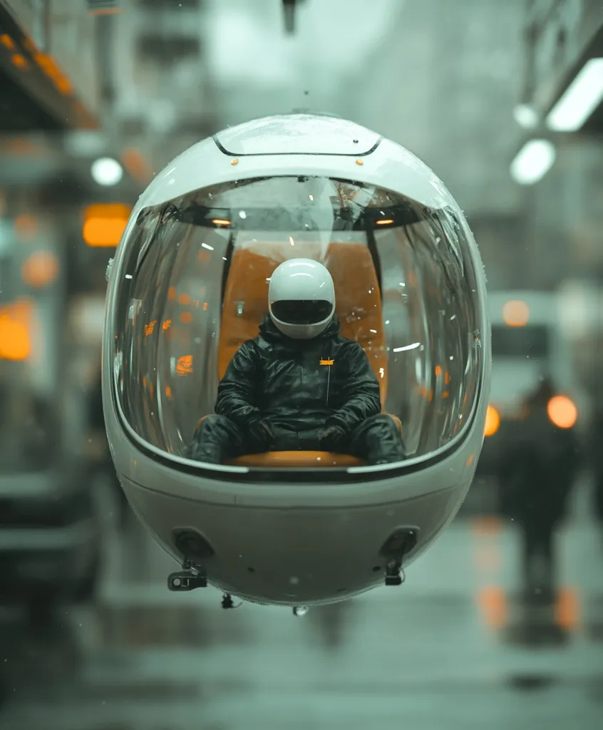 A person in a white helmet sits inside a transparent, spherical vehicle suspended in mid-air above a blurred city street.  The vehicle appears futuristic and sleek, with a minimalist design. Rain or snow is subtly visible on the surface. The overall atmosphere is calm yet slightly surreal.