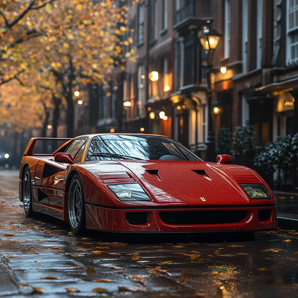 A classic red Ferrari F40 sits on a rain-slicked street, autumn leaves scattered around it.  The backdrop is a charming, dimly lit street lined with elegant townhouses, their windows glowing warmly.  The scene evokes a sense of quiet luxury and timeless beauty, the car a focal point against the picturesque urban setting.  Rain droplets cling to the Ferrari's polished surface, enhancing its rich color.