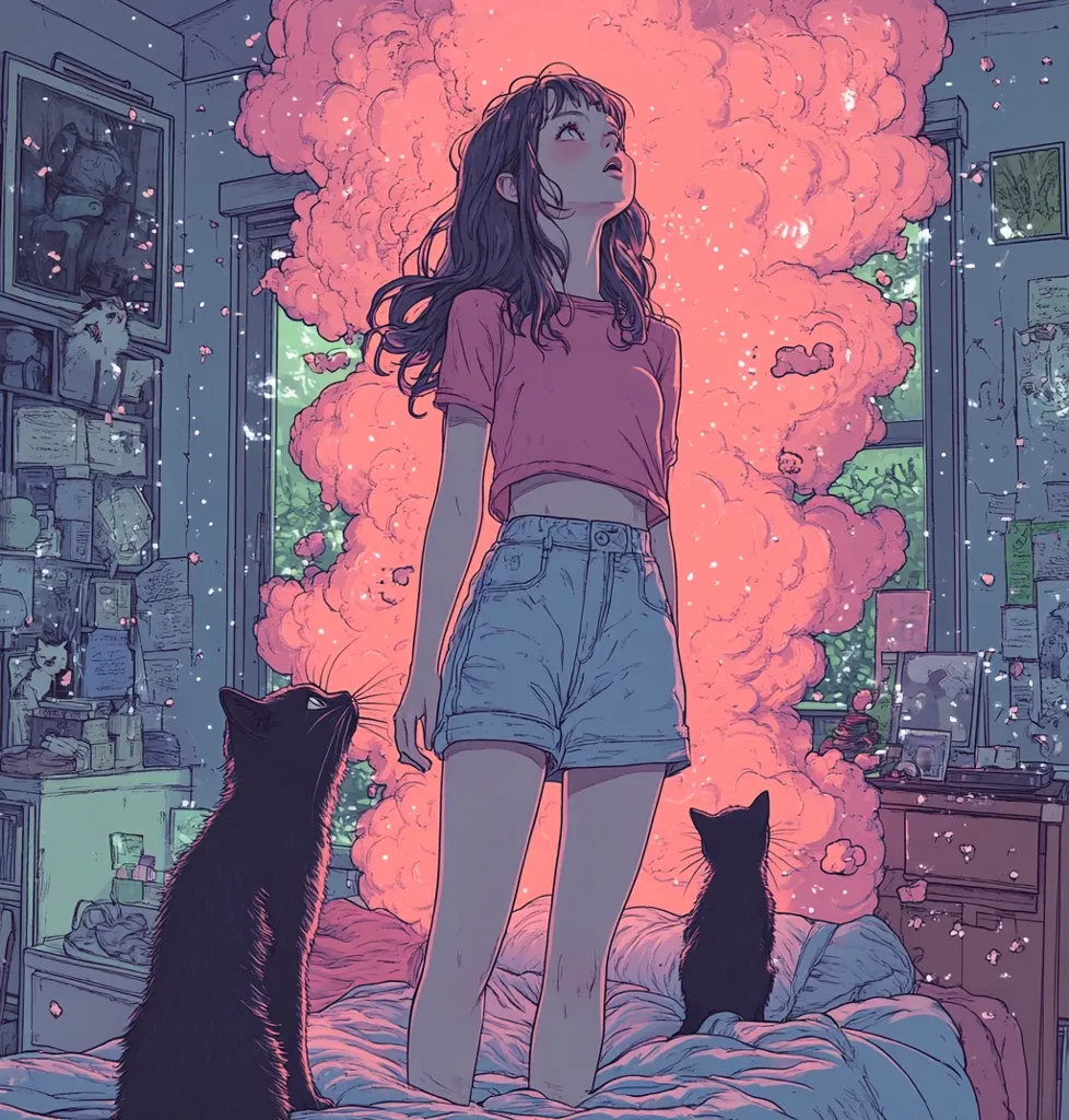 A girl with shoulder-length brown hair, wearing a pink shirt and denim shorts, stands in a bedroom amidst a vibrant pink cloud of smoke or energy. Two black cats sit on the bed, observing her. The room is cluttered with personal items and artwork, creating a dreamy and whimsical atmosphere.  Particles of light float in the air, adding to the magical feel. The overall style is reminiscent of anime or manga.