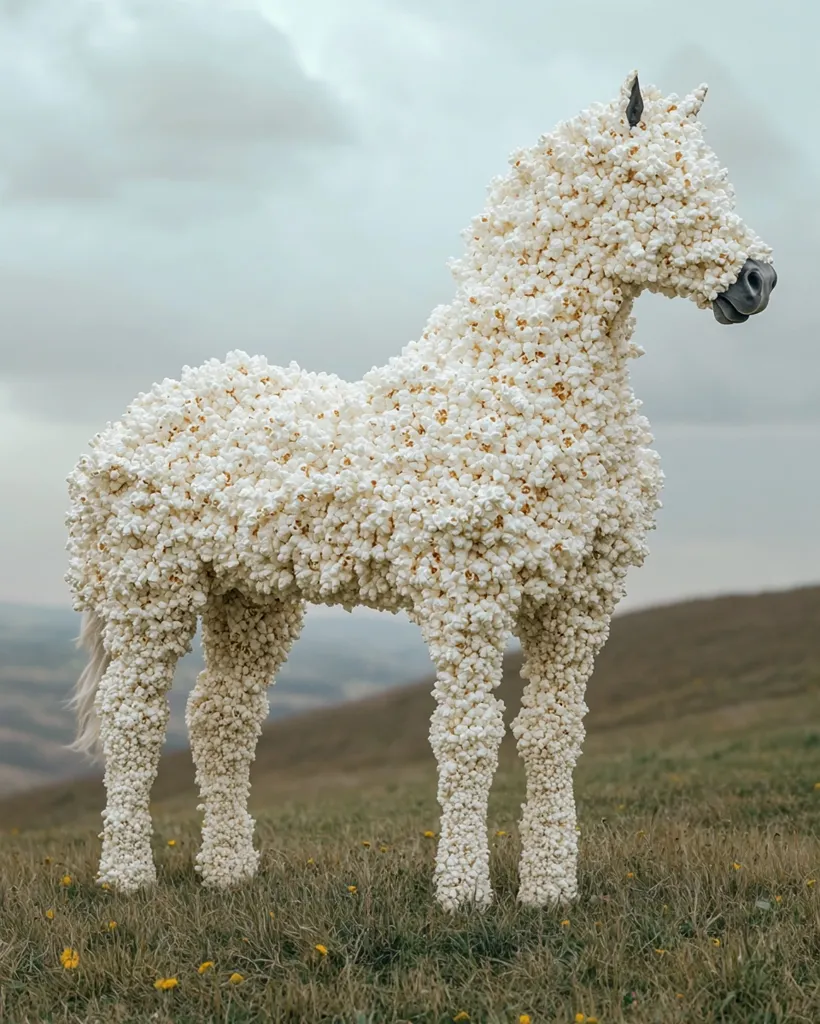 A whimsical sculpture of a horse entirely covered in popcorn stands in a grassy field under a cloudy sky.  The horse's form is clearly visible through the dense popcorn covering, creating a surreal and unexpected juxtaposition of textures and materials. The scene is peaceful and evokes a sense of playful artistry.