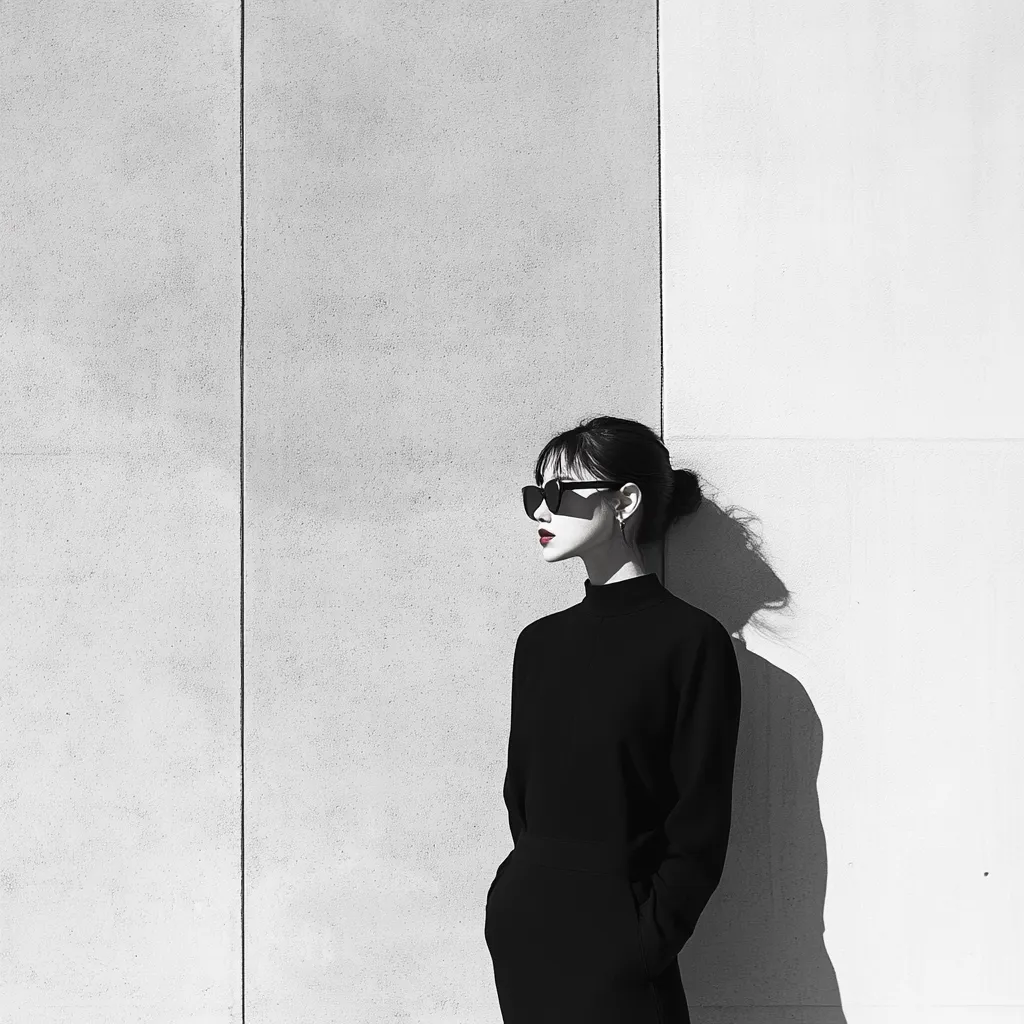 A stylish young woman, clad in a black turtleneck dress and sunglasses, stands against a stark, monochrome wall. Her profile is visible, her gaze directed to the side.  The contrasting black and white palette emphasizes her silhouette and the geometric lines of the building.  A slight shadow is cast by the sun, adding depth to the image.