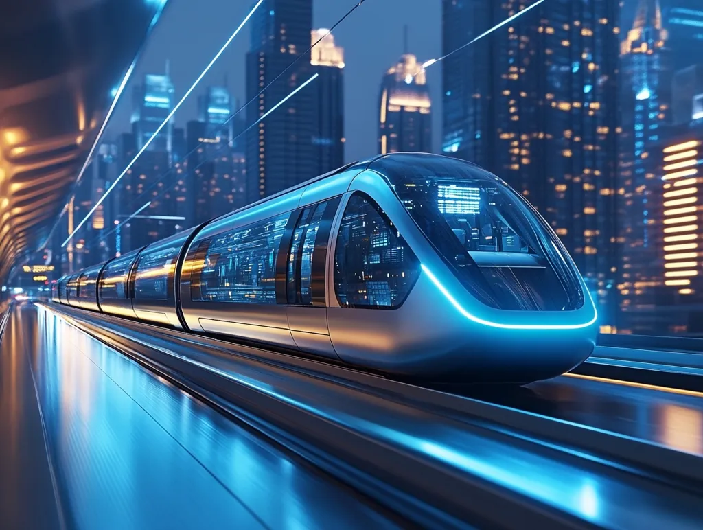 A sleek, futuristic train glides along an elevated track, its vibrant blue lights illuminating the nighttime cityscape.  The train's modern design and transparent sides showcase advanced technology.  Tall, illuminated skyscrapers form a dramatic backdrop, creating a vision of efficient, high-speed urban transportation in a technologically advanced city.