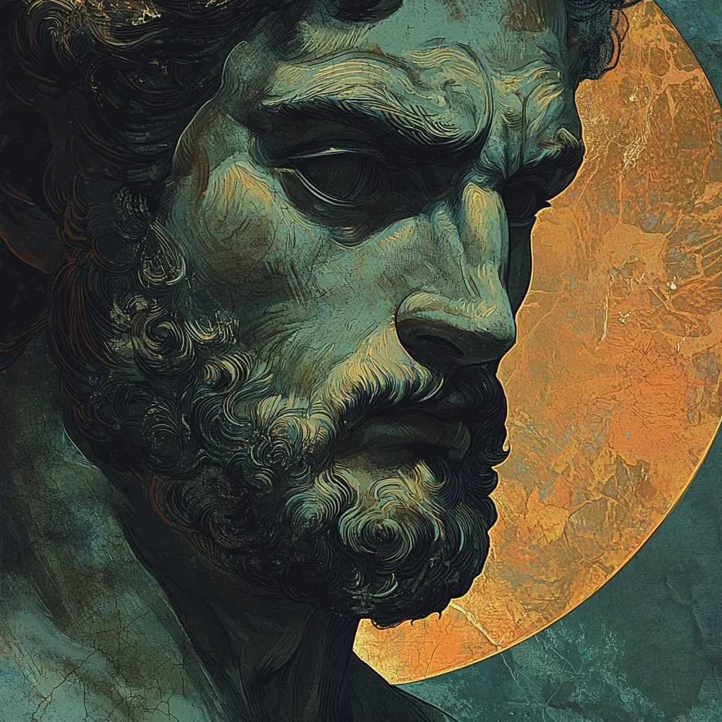 A detailed close-up illustration depicts the weathered face of a bearded man, possibly a classical sculpture.  His expression is serious, almost melancholic.  The style is painterly, with visible brushstrokes, and the color palette is muted greens and oranges, contrasting the man's face with a large, textured, orb behind him that resembles a celestial body. The image evokes a sense of age, history, and contemplation.