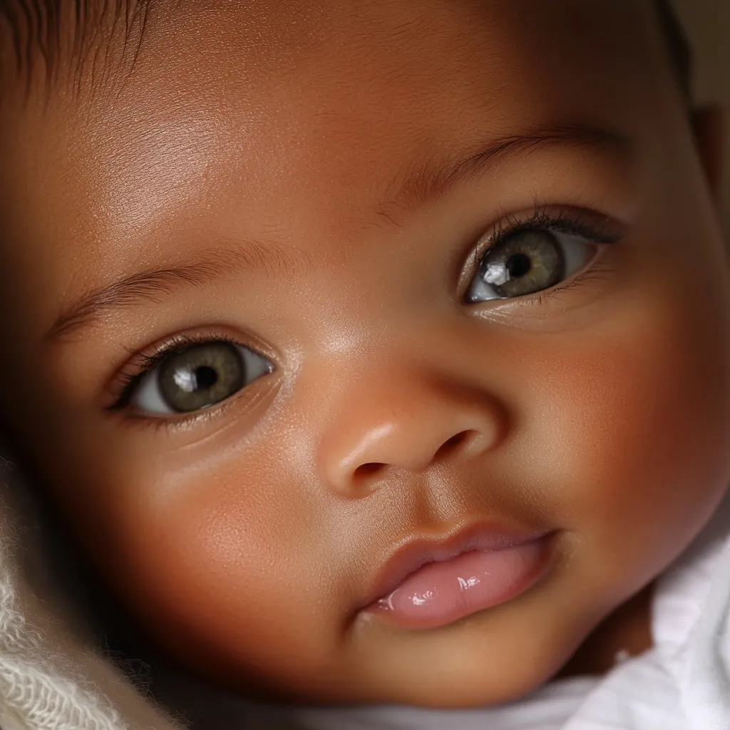 Close-up of a baby's face, highlighting their large, expressive eyes and soft, smooth skin.  The baby's complexion is rich brown, and their lips are gently parted.  The image is softly lit, creating a warm and tender mood. The baby appears peaceful and content.