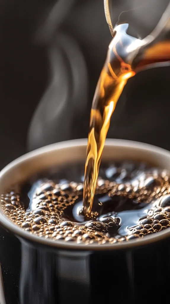 Dark, rich coffee is being poured into a black mug, creating a cascade of bubbles on the surface.  Steam rises from the freshly brewed coffee, highlighting its warmth. The image focuses on the liquid's texture and the contrast between the dark mug and the amber liquid.  The overall mood is one of warmth and comfort.