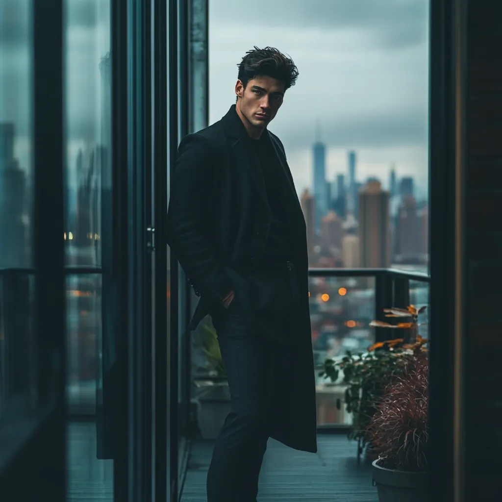 A stylish man in a dark overcoat stands on a balcony overlooking a cityscape.  His dark hair is styled neatly, and he gazes directly at the camera. The city lights twinkle in the distance, creating a moody and sophisticated atmosphere.  The overall tone is dark and dramatic, emphasizing the man's sharp features and attire.