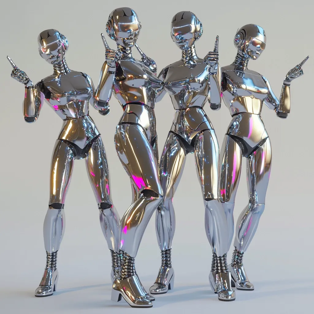 Three chrome robots, sleek and humanoid in design, stand together against a light grey backdrop. Each robot points with one hand, showcasing a futuristic, polished aesthetic.  They are dressed in high-heeled boots, adding a touch of elegance to their metallic forms. The robots appear synchronized, suggesting a unified purpose or movement.