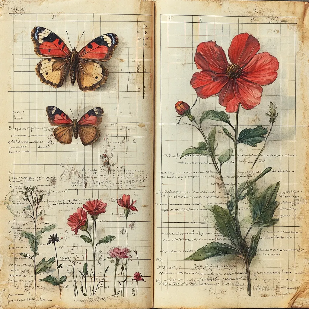 An antique journal's open pages showcase meticulously rendered botanical illustrations.  Two butterflies, painted with detail, share space with various flowers, including a prominent red bloom.  Handwritten notes and sketches fill the margins, suggesting a naturalist's observations. The aged paper and delicate artwork evoke a sense of history and scientific curiosity.
