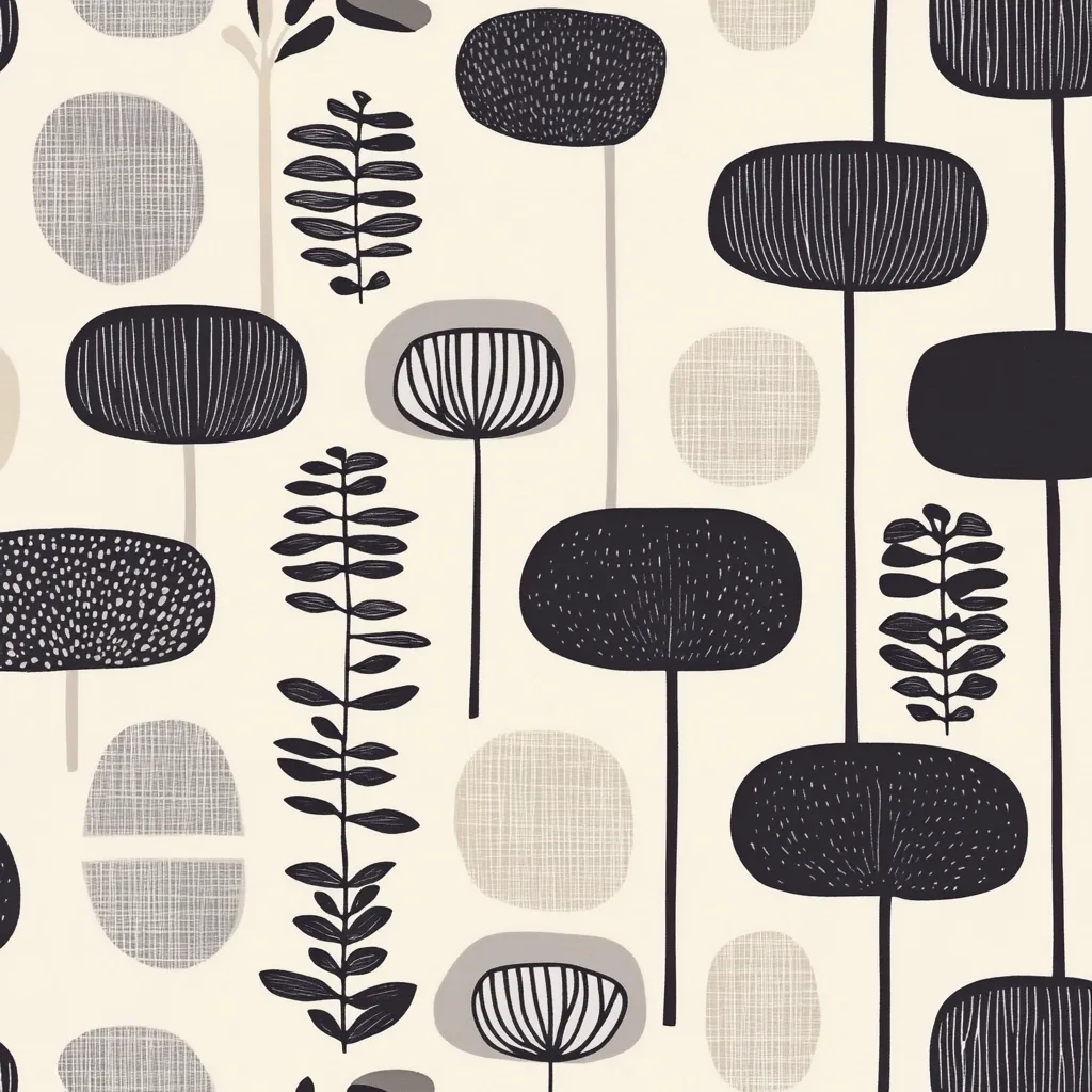 A seamless pattern features stylized floral and plant motifs in black and gray on a cream background.  Rounded, textured shapes resembling flowers and leaves are repeated vertically, creating a rhythmic design.  The style is mid-century modern, with a minimalist and slightly abstract feel.  The pattern is suitable for fabric, wallpaper, or other surface design applications.