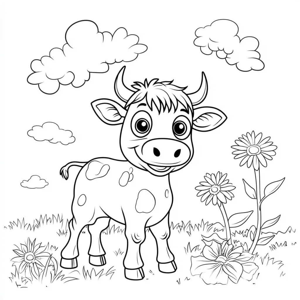 A cute cartoon calf stands in a grassy field, surrounded by flowers and fluffy clouds.  The calf has large, expressive eyes and small horns.  Its body is dotted with spots. The drawing is in black and white, suitable for coloring.  The scene is idyllic and charming, perfect for children's books or coloring pages.