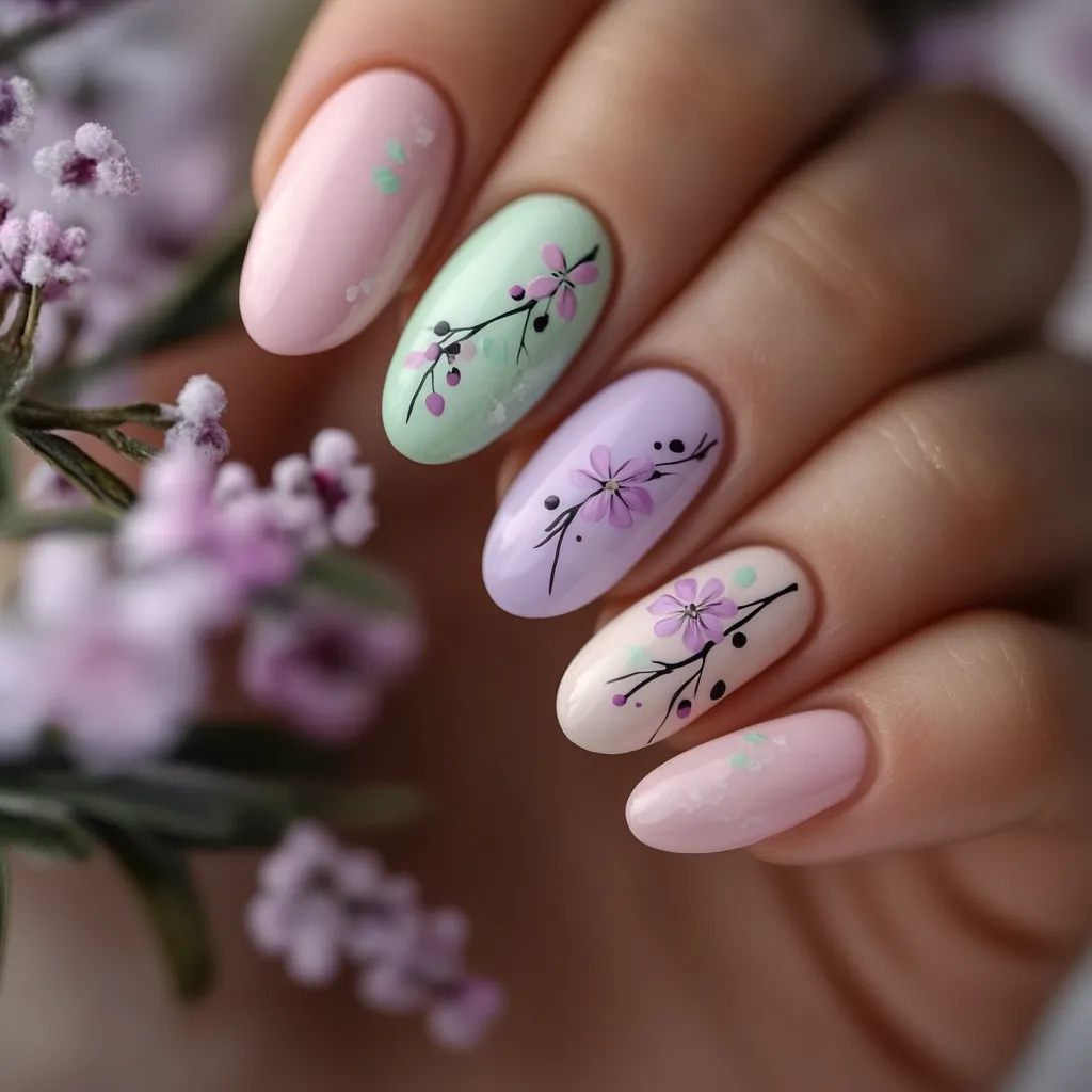 A close-up showcases elegantly manicured nails, each adorned with a pastel-colored oval base and delicate floral designs.  The colors range from soft pink and mint green to lavender and cream, creating a harmonious spring-like palette.  The minimalist floral accents add a touch of artistry to the otherwise simple nail shape.  The nails are beautifully shaped and polished, reflecting a professional manicure.