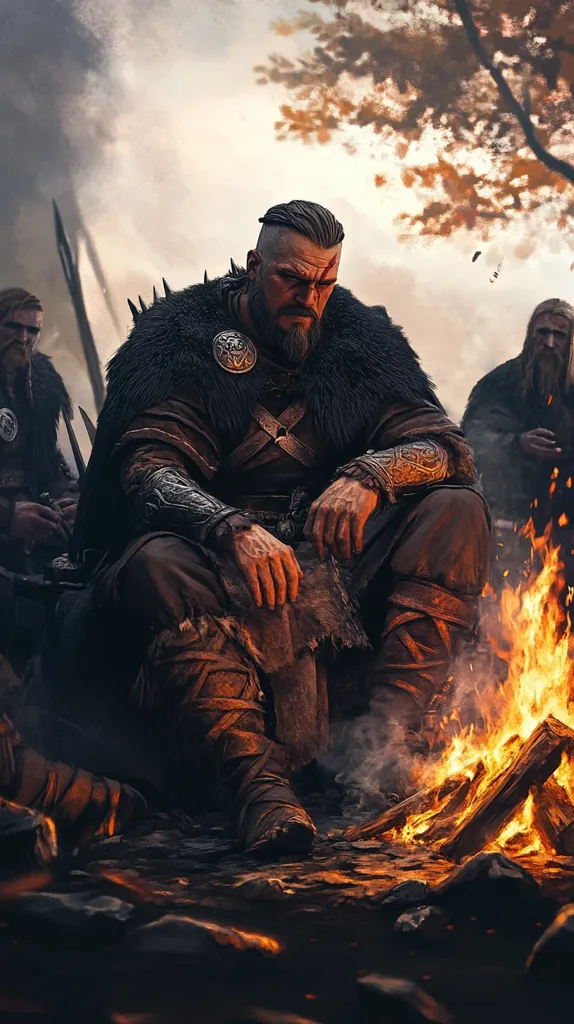 A powerful Viking warrior, adorned in furs and intricate metalwork, sits pensively by a crackling campfire.  His weathered face reflects years of battle and hardship.  Other warriors huddle nearby, their figures shrouded in shadow and smoke.  The scene evokes a sense of camaraderie and the harsh realities of a Viking life amidst the autumnal landscape.  The overall mood is one of solemn contemplation.