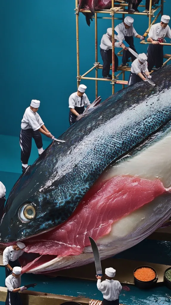 A giant tuna lies on a turquoise surface, its belly sliced open to reveal vibrant red flesh.  Miniature chefs, dressed in white uniforms, meticulously butcher the enormous fish using large knives, some working from a scaffolding above.  The scene is surreal, contrasting the immense size of the tuna with the tiny figures of the workers, creating a visually striking image. Bowls of various ingredients sit nearby, hinting at the culinary destination of the massive catch.
