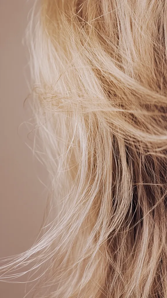 A close-up image showcases the texture of light blonde hair.  Individual strands are visible, displaying a soft, slightly unkempt appearance. The color is a warm, light blonde with subtle variations in tone. The overall impression is one of softness and natural beauty. The hair appears healthy and has a natural sheen.