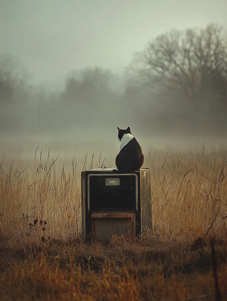 A black and white cat sits atop an old, rusty metal cabinet in a misty field.  Tall, dry grasses surround the cabinet, extending to a background of hazy trees.  The overall atmosphere is serene and slightly melancholic, with a muted color palette dominating the scene.  The cat faces away, gazing into the fog.