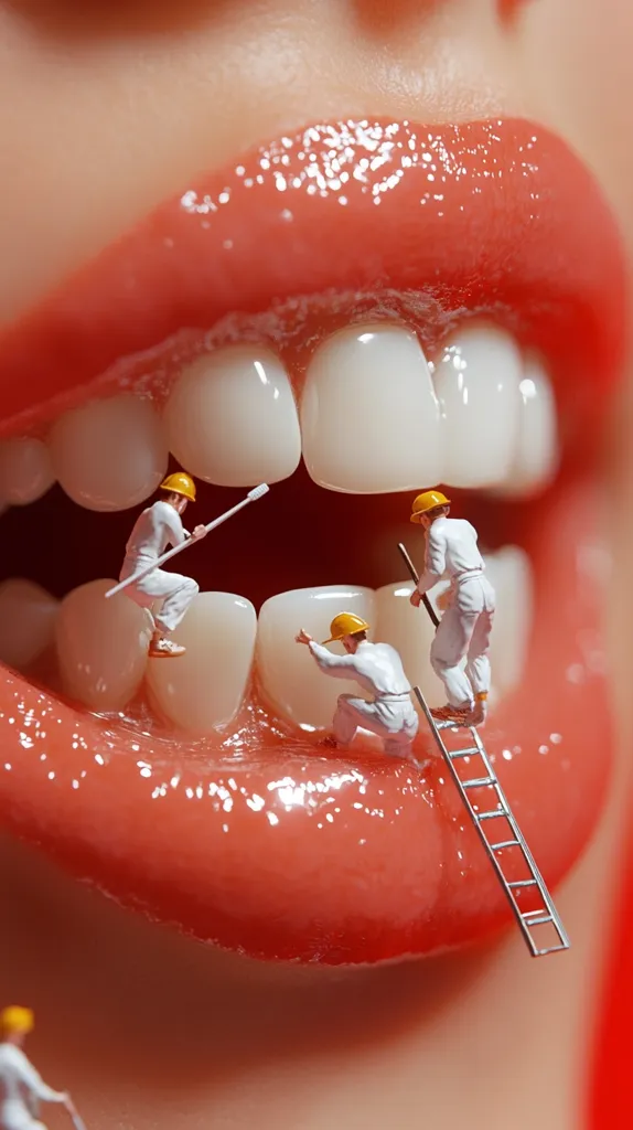 A close-up shot reveals a pair of lips with glossy, coral-colored lipstick.  Tiny figures, resembling construction workers in white suits and yellow hard hats, are meticulously cleaning and working on the teeth within the open mouth. One worker uses a small brush, another wields a tool, and a third utilizes a miniature ladder.  The image is a playful juxtaposition of scale and subject matter.