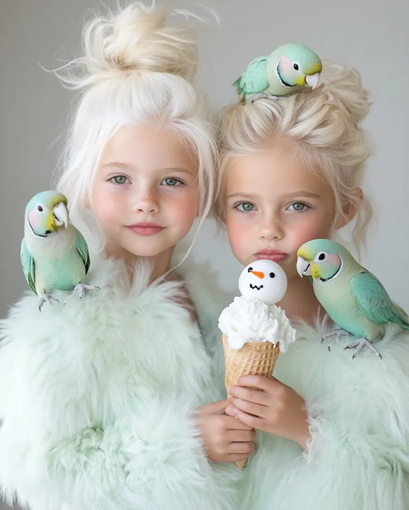 Two twin girls with platinum blonde hair in messy buns are pictured. They are wearing matching mint green fluffy coats.  Each girl has a small green parrot perched on her shoulder.  Between them, they hold a waffle cone topped with ice cream and a snowman-shaped candy.  The overall aesthetic is soft, pastel, and whimsical.