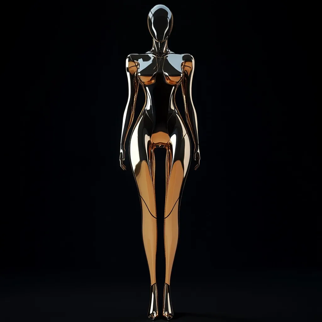 A sleek, gold-colored female robot stands against a black background.  Its polished metallic surface reflects light, highlighting its humanoid form.  The robot has a smooth, seamless design, with visible joints subtly suggesting articulation.  The pose is poised and static, creating a striking contrast against the dark backdrop. The image evokes a futuristic and elegant aesthetic.