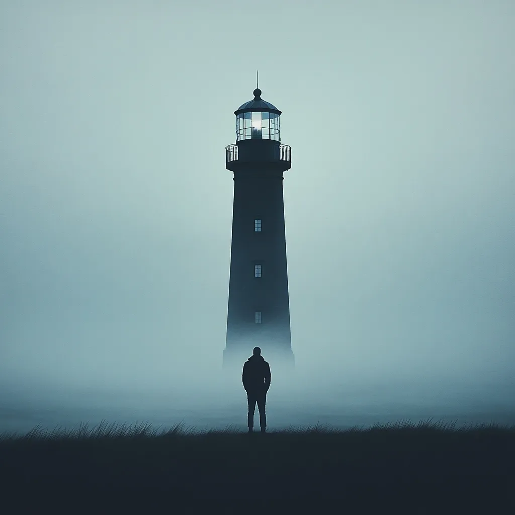 A solitary figure stands before a tall, dark lighthouse shrouded in thick fog. The lighthouse's lamp shines brightly, a beacon of hope in the desolate, misty landscape. The scene evokes a sense of mystery and isolation, suggesting themes of guidance, perseverance, and the search for something beyond the immediate horizon.  The overall mood is somber yet hopeful.