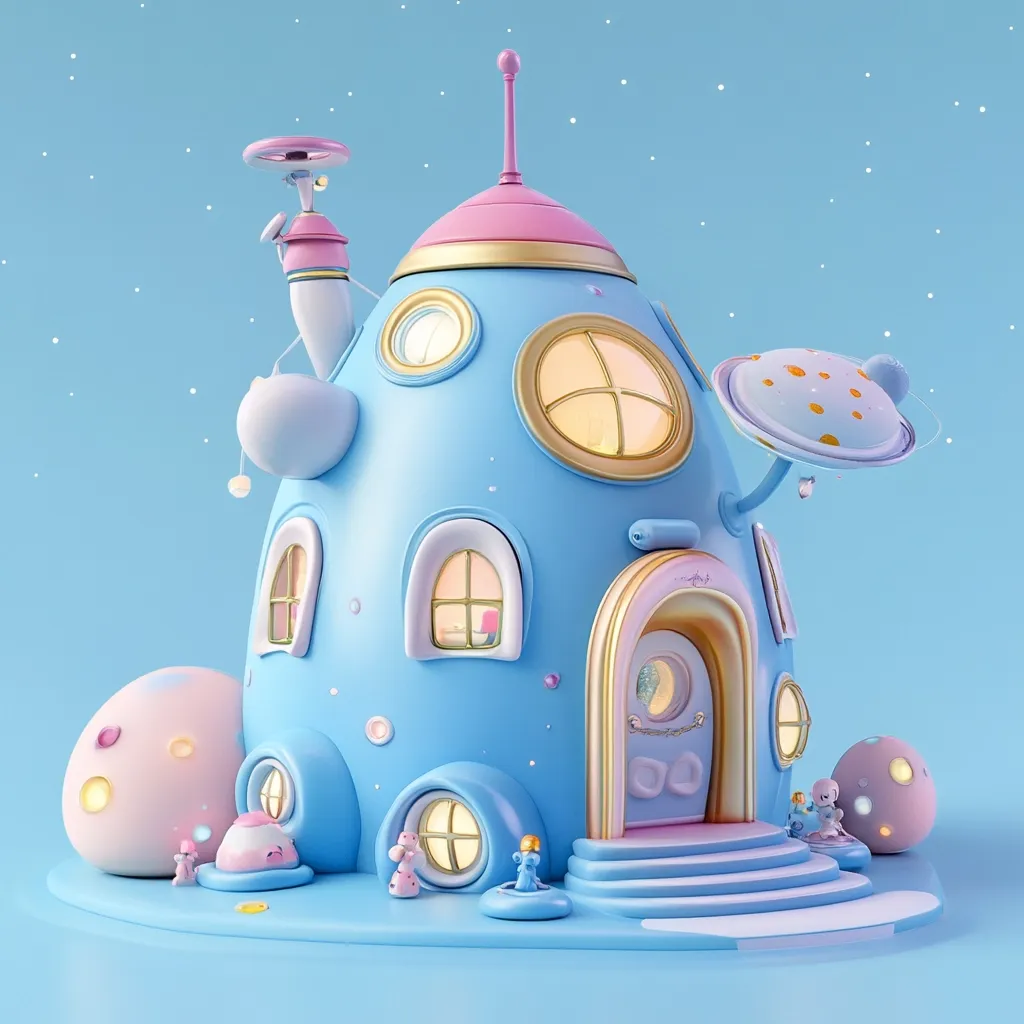 A whimsical, light blue rocket-shaped house sits on a pastel blue surface against a light blue starry background.  It features round windows, a pink roof, and a small porch.  Tiny, adorable alien-like creatures are positioned around the base.  The overall aesthetic is charming and playful, suggesting a child's fantasy world.  Pastel pink and light blue tones dominate the scene.