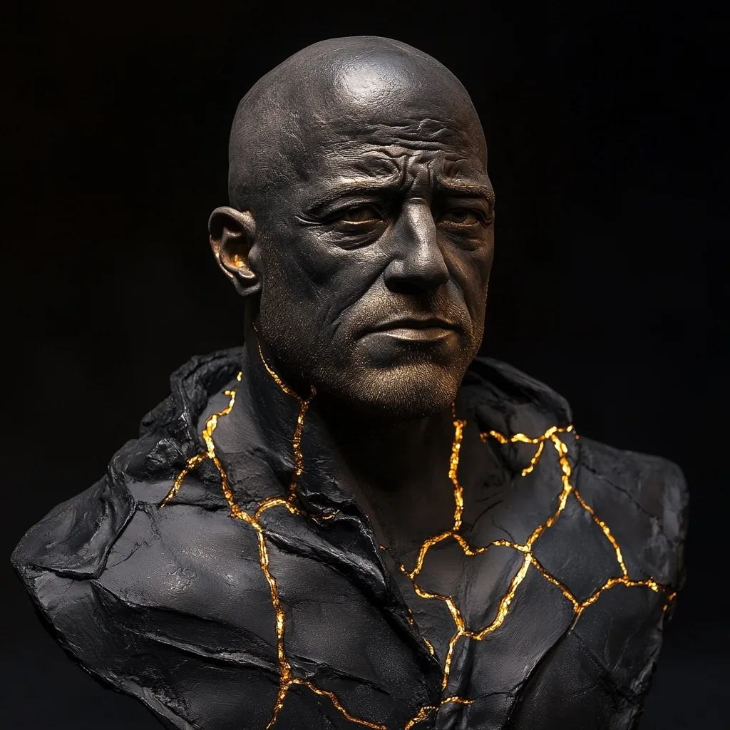 A striking bust sculpture depicts a bald, mature man with a stern expression.  The figure is rendered in dark, textured black, with veins of gold meticulously applied, creating a dramatic contrast. The gold accents appear as cracks or fissures in the dark surface, adding a sense of vulnerability or fragility to the otherwise powerful image. The overall effect is both somber and opulent.