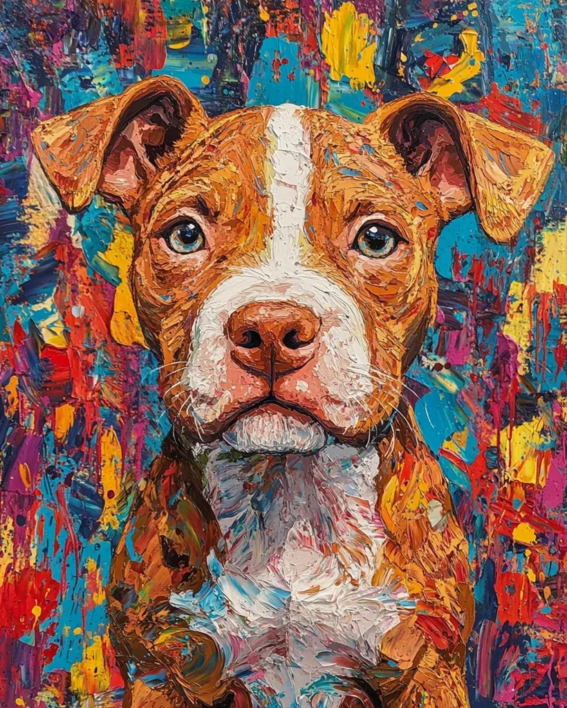 A vibrant, impasto-style painting depicts a fawn-colored Pit Bull puppy.  The dog's portrait is rendered with thick, textured brushstrokes in a palette of bold, contrasting colors.  The background is an explosion of abstract shapes and hues, creating a dynamic and energetic setting that complements the dog's expressive gaze. The artist's focus is on capturing the puppy's endearing features, using the vibrant background to enhance the overall impact of the artwork.