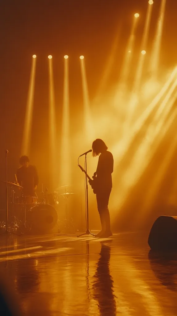 Silhouetted figures of a band perform on stage, bathed in warm, amber stage lighting.  A guitarist, center stage, is prominently featured, holding their instrument.  A drummer is visible in the background. The stage is reflective, mirroring the lighting and the band's forms.  The overall atmosphere is one of intimate intensity and musical performance.