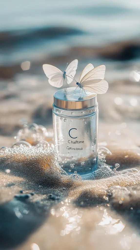 A clear glass jar labeled "Chalftime halftime break" sits on a sandy beach, partially submerged in gentle waves. Two delicate white butterflies rest on the jar's lid. Sunlight glistens on the wet sand and the jar's contents, creating a serene and tranquil beach scene. The overall aesthetic is calming and minimalist.