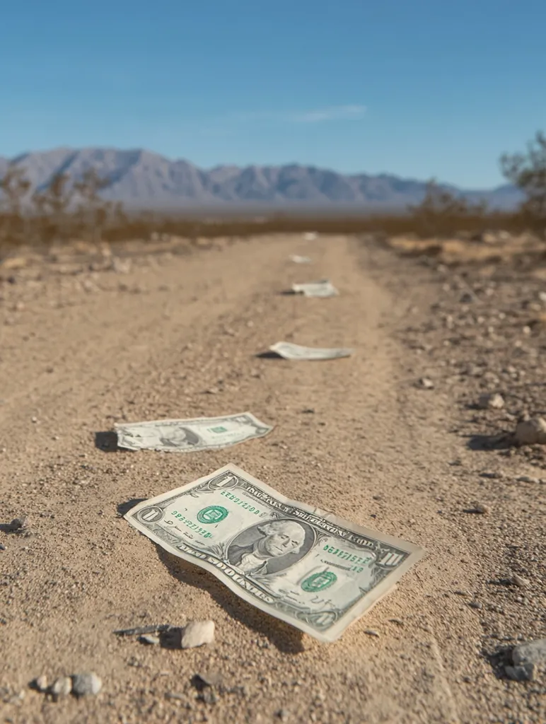 Several one-dollar bills lie scattered on a desolate dirt road stretching towards distant mountains under a clear blue sky. The arid landscape features sparse desert vegetation. The image suggests themes of loss, abandonment, or the insignificance of money in a vast, unforgiving environment.  The focus is on the bills in the foreground, with the background blurred.