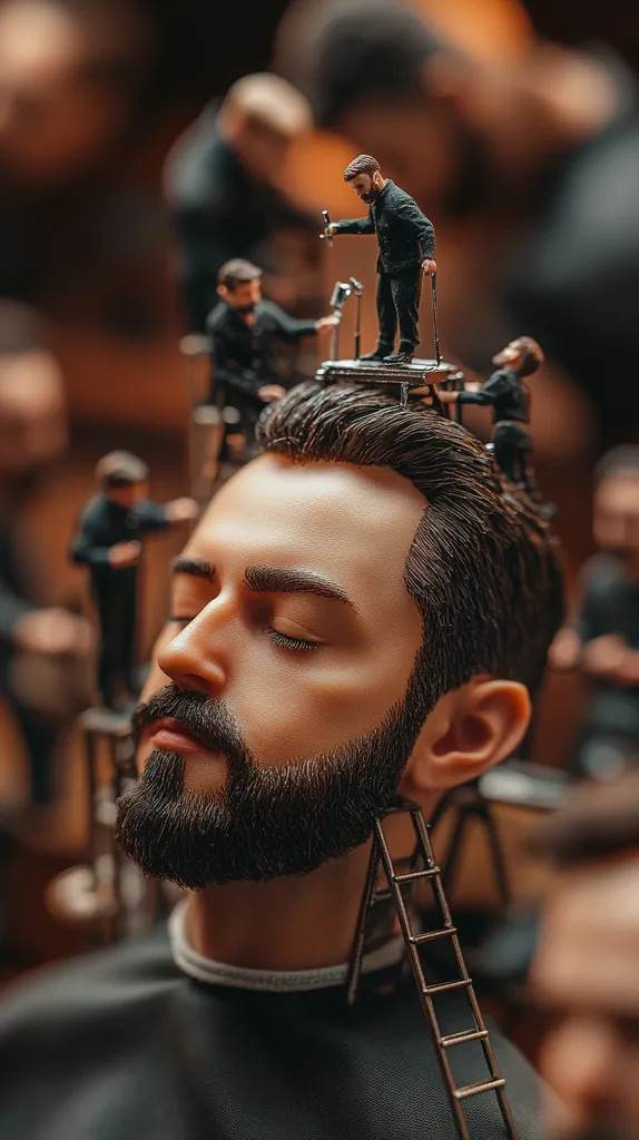 A miniature barbershop scene is perched atop a man's head.  Tiny figures, a barber and his customers, are arranged on a miniature platform, creating a surreal and humorous image. The man below, with eyes closed, is in a barber's chair, his beard framing his face. The overall effect is playful and artistic, contrasting the scale of the miniature world with the larger-than-life setting.