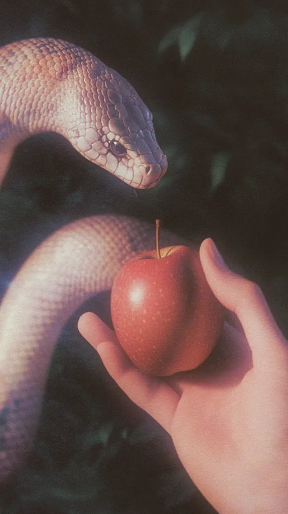 A pale snake, reminiscent of the biblical serpent, coils gracefully.  Its head is delicately positioned near a ripe, red apple held in a fair-skinned hand. The background is dark and blurred, focusing attention on the snake, apple, and hand, creating a scene evocative of the Garden of Eden. The overall aesthetic is soft and dreamlike.