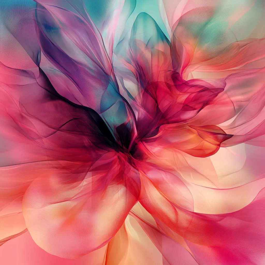 An abstract image depicting a stylized flower.  Layers of translucent, flowing fabric in shades of pink, red, teal, and purple create a sense of depth and movement. The colors blend seamlessly, creating a dreamy, ethereal effect. The overall composition is soft and luminous, resembling a delicate bloom.